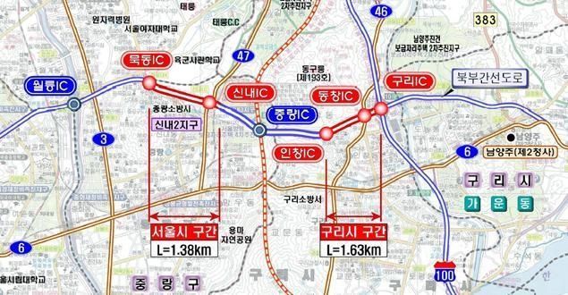 북부간선도로 전경사진, 태릉~구리IC 광역도로 확장공사 사업위치도