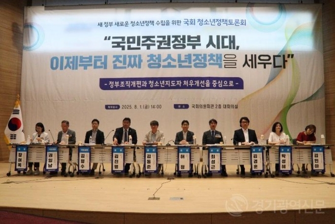 <strong> '2025 국회 청소년정책 토론회'에 단국대학교 김형수교수, 명지대학교 권일남 교수, 경기도의회 김진명의원, 숙명여자대학교 박성혜교수, 충청북도청소년상담복지센터 김동준센터장, 한국청소년연맹 허정본부장, 한국청소년복지시설협회 최성근 회장, 청소년특별회의 김경훈부의장, 여성가족부 청소년정책과 김민아과장이 참여하여 청소년정책의 현황과 과제, 향후 정책 실현 가능성에 대한 구체적 방안을 모색했다.</strong>