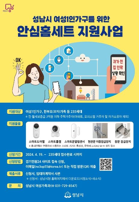성남시 여성 1인 가구 235가구에 안심 홈세트 지원