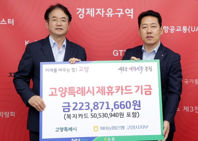 고양특례시 제휴카드 기금 전달식_이동환 고양특례시장(좌), NH농협은행 고양시지부 오영석 지부장(우)
