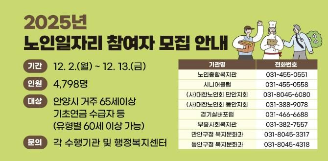 안양시, 2025. 노인 일자리 참여자 ‘4798명’ 모집…오는 13일까지 신청