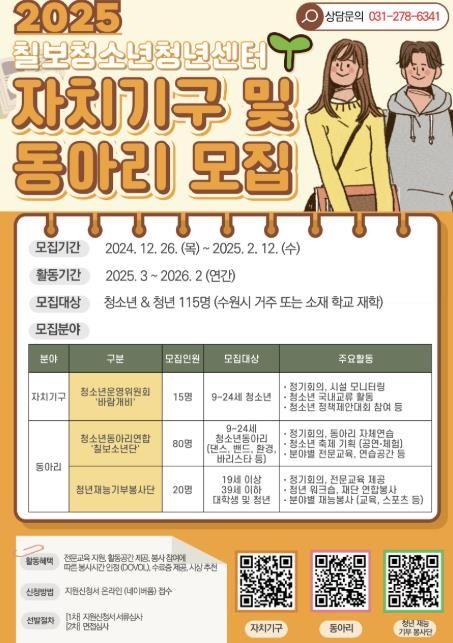 2025. 수원시청소년청년재단 칠보청소년청년센터 자치기구 및 동아리 지원자 모집