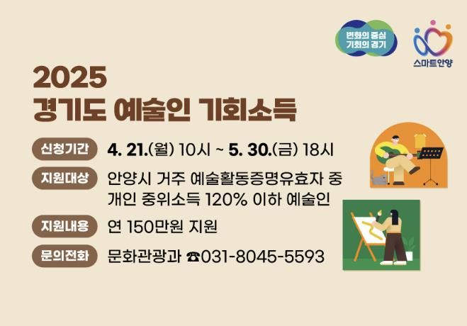 안양시, 다음달 30일까지 ‘경기도 예술인 기회소득’ 접수
