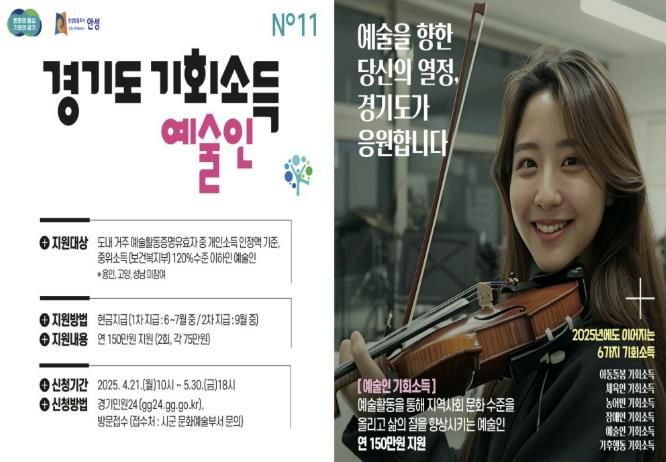 안성시, ‘경기도 예술인 기회소득’ 5월 30일까지 접수