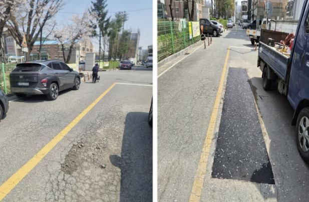 용인특례시가 보수작업을 진행한 도로의 포트홀 복구작업 전(사진 왼쪽)과 후(사진 오른쪽)의 모습