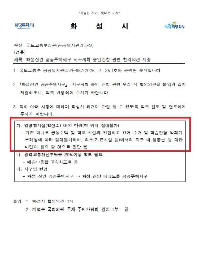 국토교통부에 제출한 화성진안공공주택지구 지구계획 승인신청 관련 협의의견 제출 공문