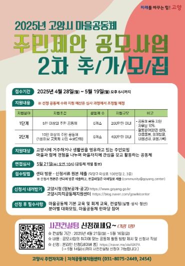 2025년 고양시 마을공동체 주민제안 공모사업 2차 추가모집 안내문