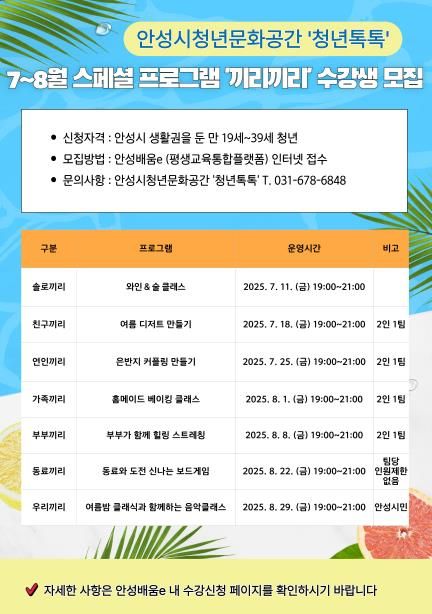안성시, 청년문화공간 ‘청년톡톡’ 여름철 밤 10시까지 연장 운영