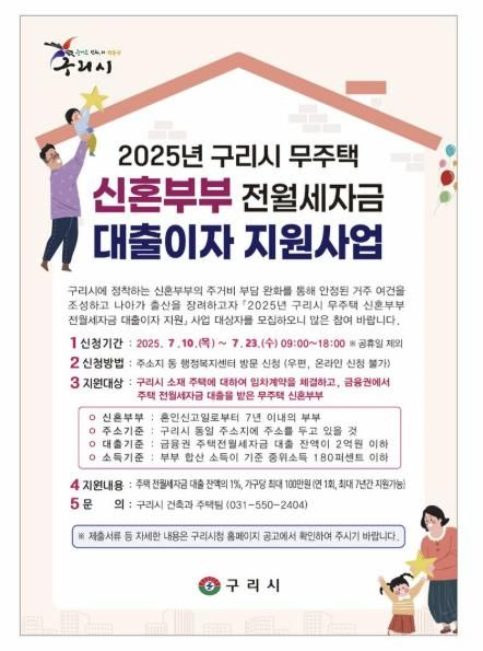 구리시, 무주택 신혼부부 전월세 자금 대출이자 지원 2차 접수