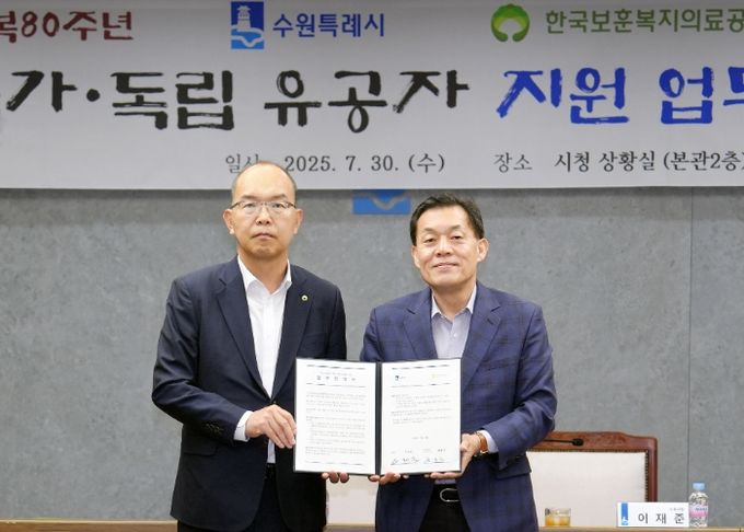 이재준 수원시장(오른쪽)과 윤종진 한국보훈복지의료공단 이사장이 협약 체결 후 함께하고 있다.
