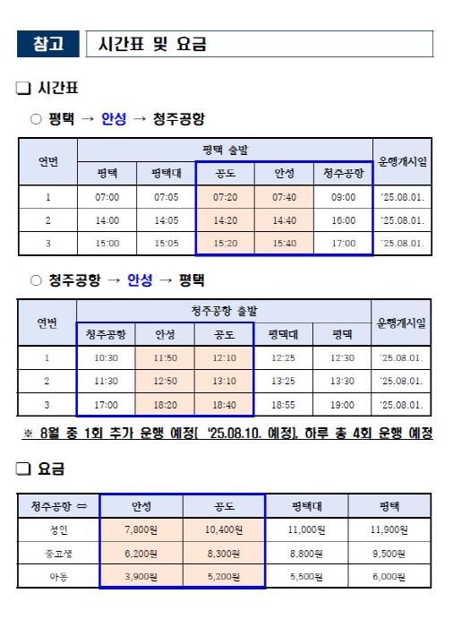 안성시, 청주국제공항행 공항버스 8월 1일 운행 개시
